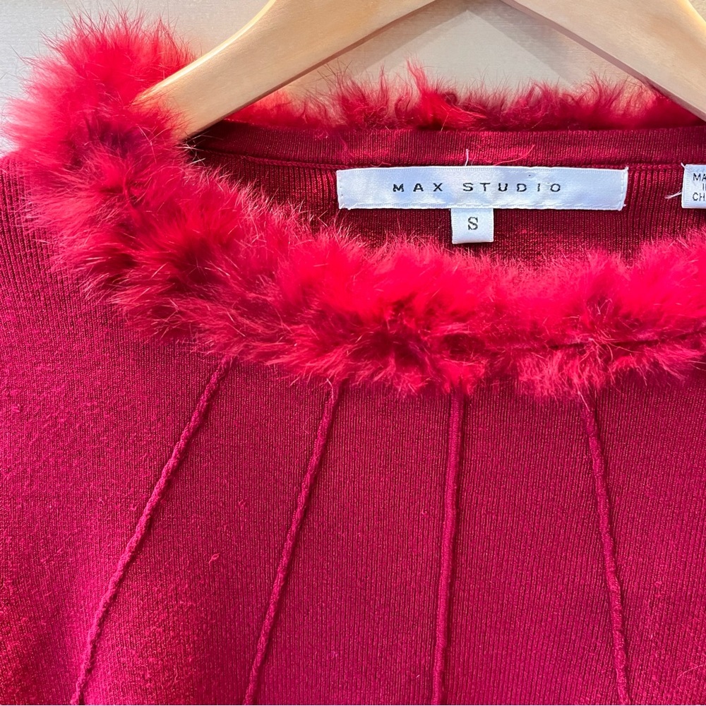 Red Silk Sweater with Faux Fur Trim